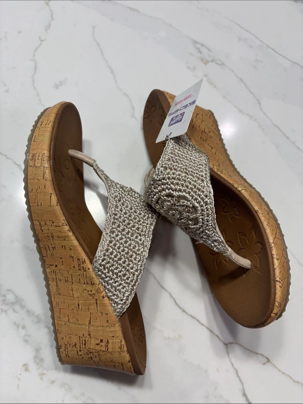 Skechers Silver Beaded Cork-Look Wedge Thong Sandals